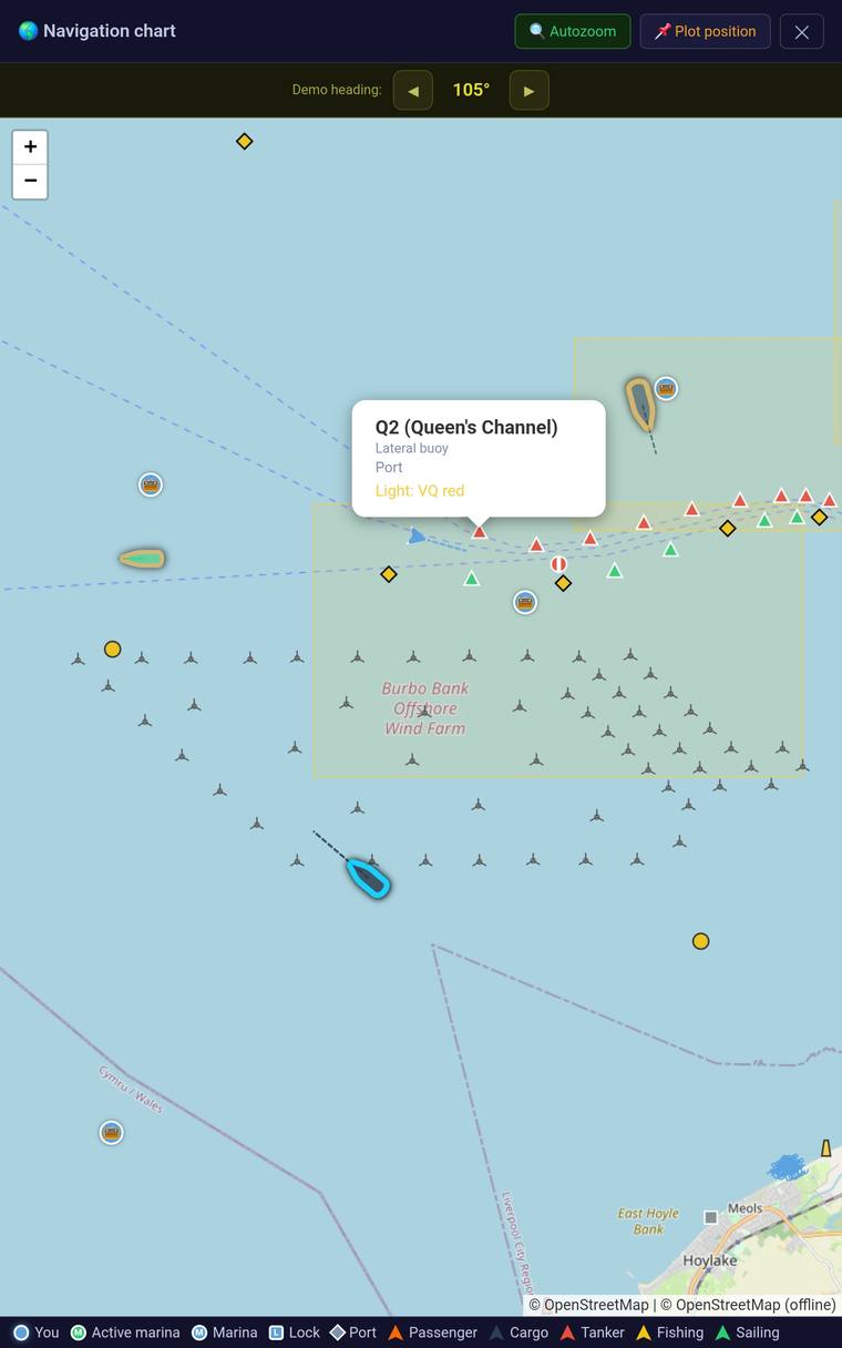 Offline navigation chart with a buoy selected, showing its name and light characteristics