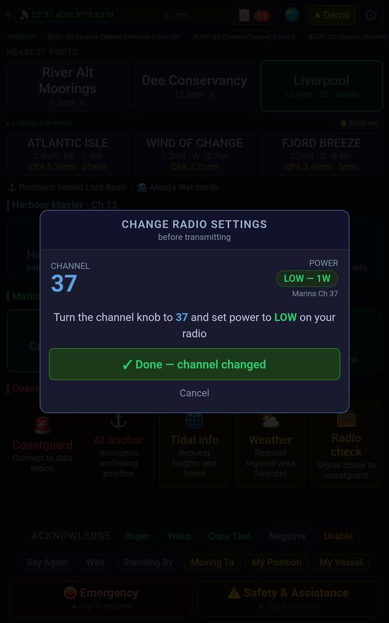 A prompt before transmitting, telling you to turn the channel knob to 37 and set power to low before sending