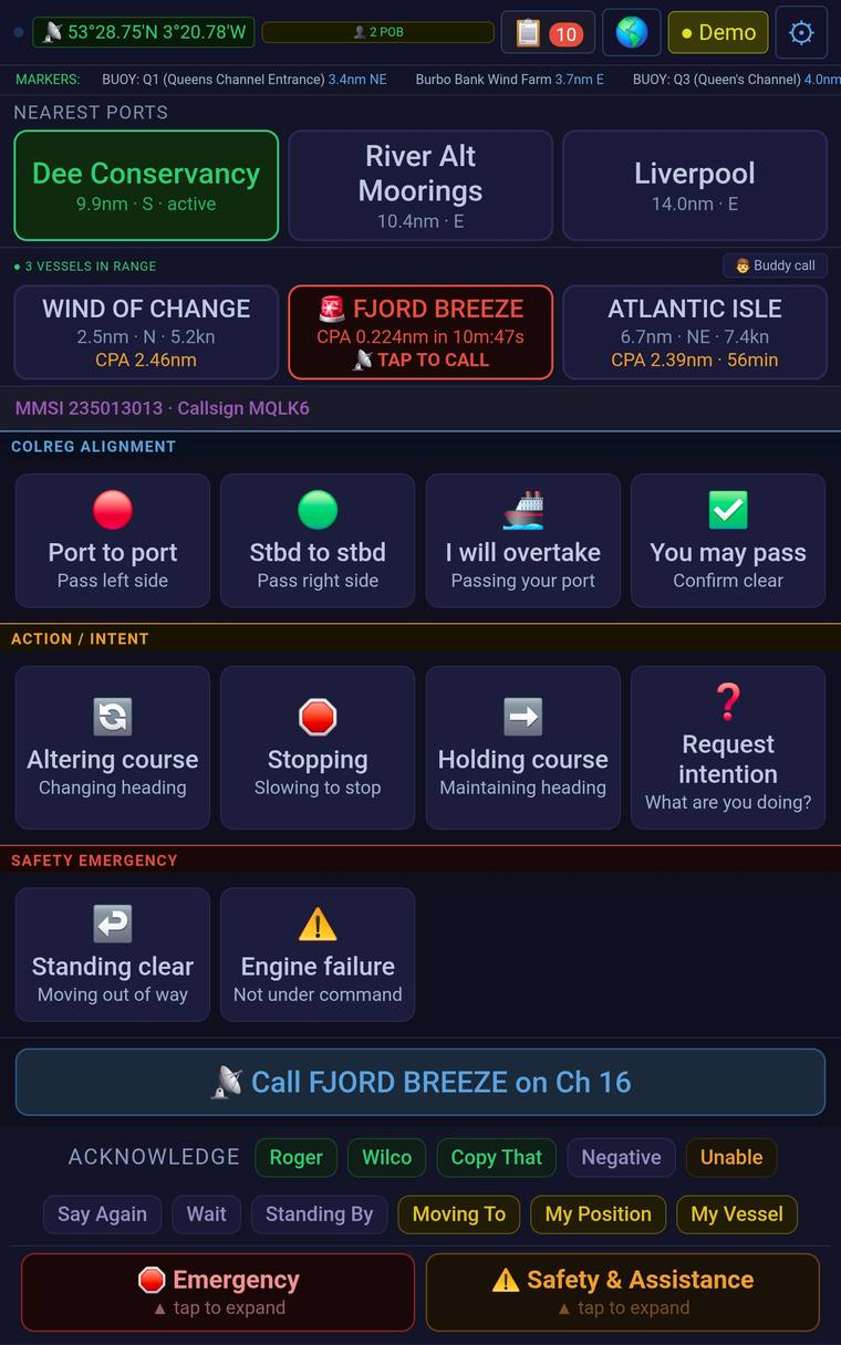 Home screen showing a vessel highlighted red with a close CPA warning