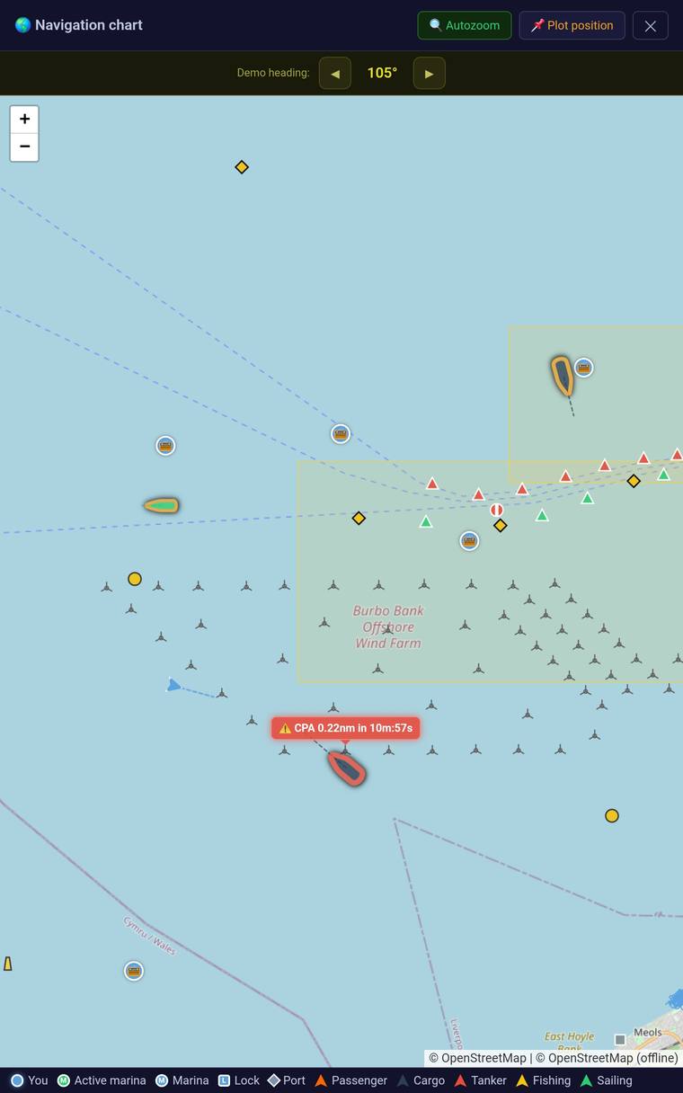 Navigation chart showing a vessel highlighted red on the map with a CPA warning banner
