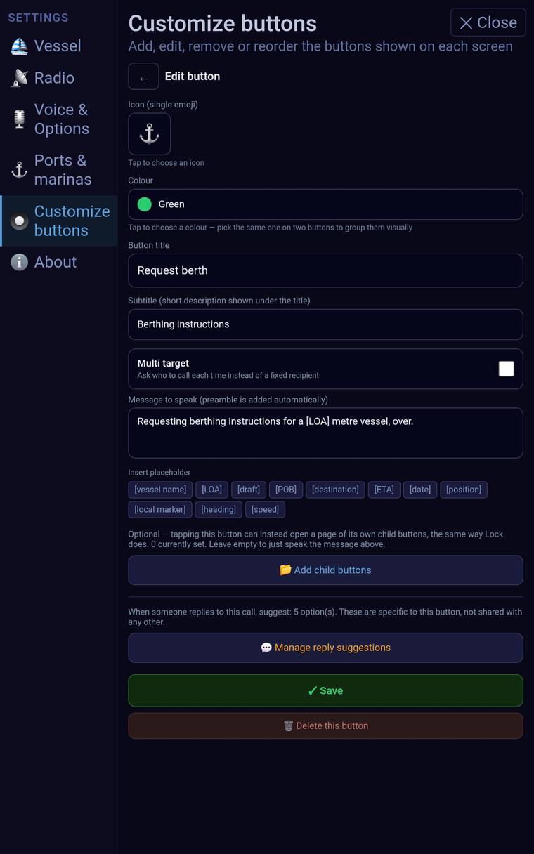 Settings screen for customising a call button, including its icon, colour, script and reply suggestions