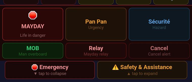 Emergency button grid showing MAYDAY, Pan Pan, Sécurité, MOB, Relay and Cancel