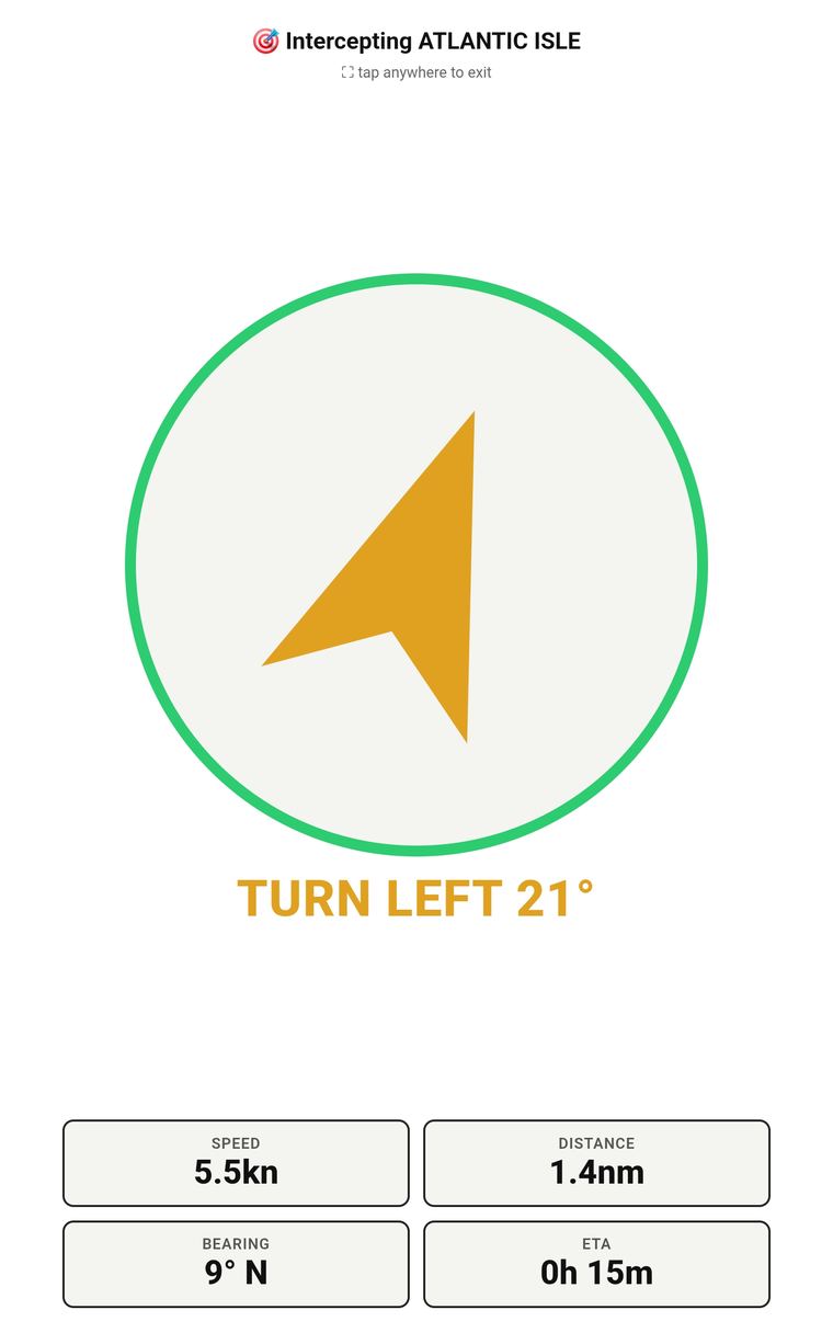 Enlarged full-screen compass view showing a turn instruction, with a green ring around the arrow indicating live AIS reception from the target vessel