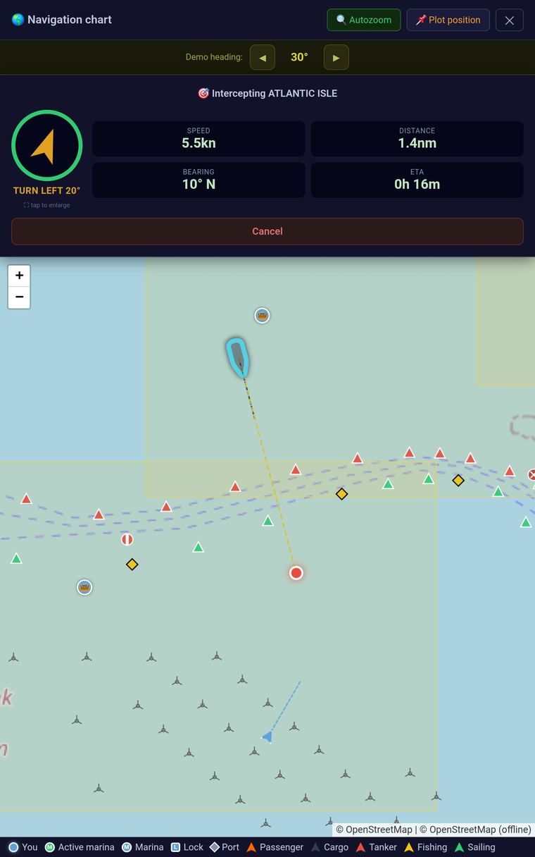 Live interception screen showing ON COURSE status, speed, distance, bearing and ETA to the intercept point