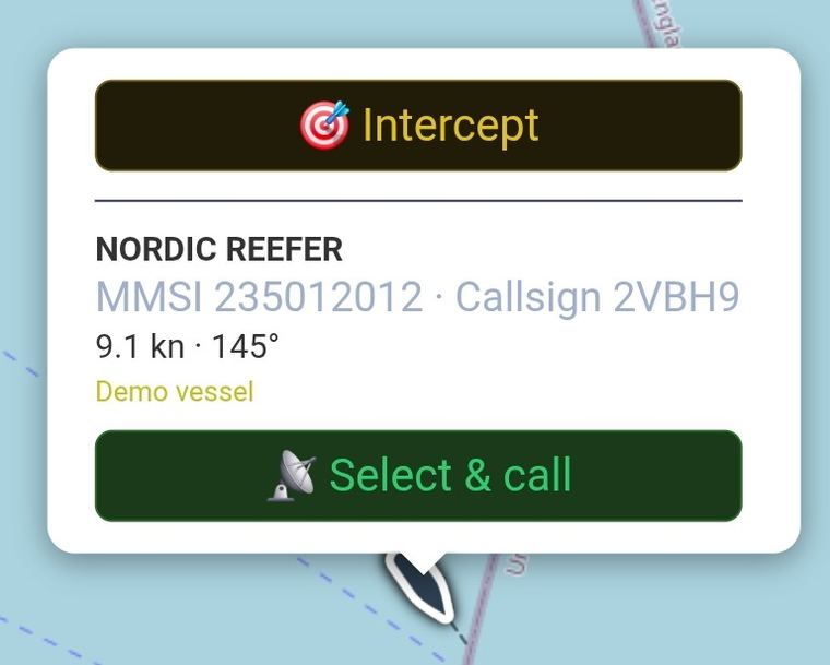 Vessel popup on the navigation chart with an Intercept button, showing the vessel's name, MMSI, callsign, speed and heading