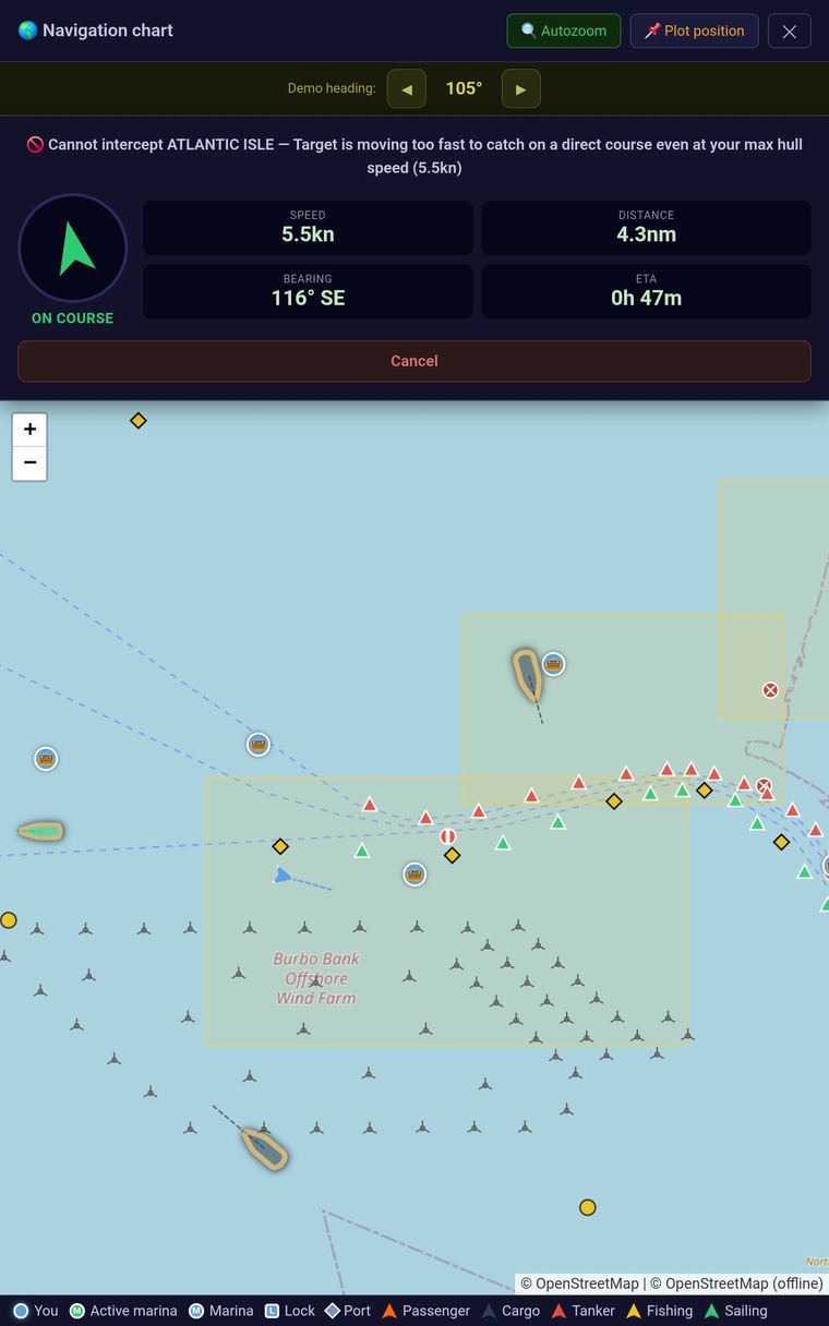 Interception screen showing a warning that the target vessel cannot be caught on a direct course even at the user's max hull speed