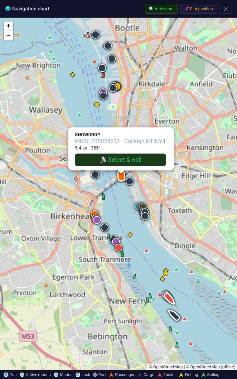 Live navigation chart over the Mersey showing real AIS vessel traffic, with a tap-to-call popup for the vessel Snowdrop showing its MMSI, callsign, speed and heading