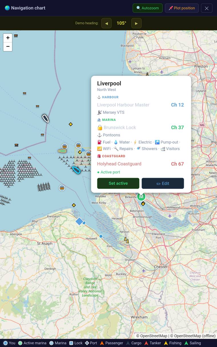 Navigation chart showing a marina's full detail card, including harbour master, VTS and facility information