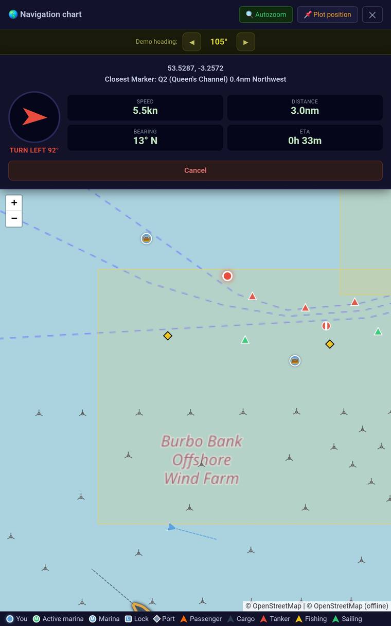 Routing screen showing a heading arrow, turn instruction, speed, distance, bearing and ETA to the plotted position