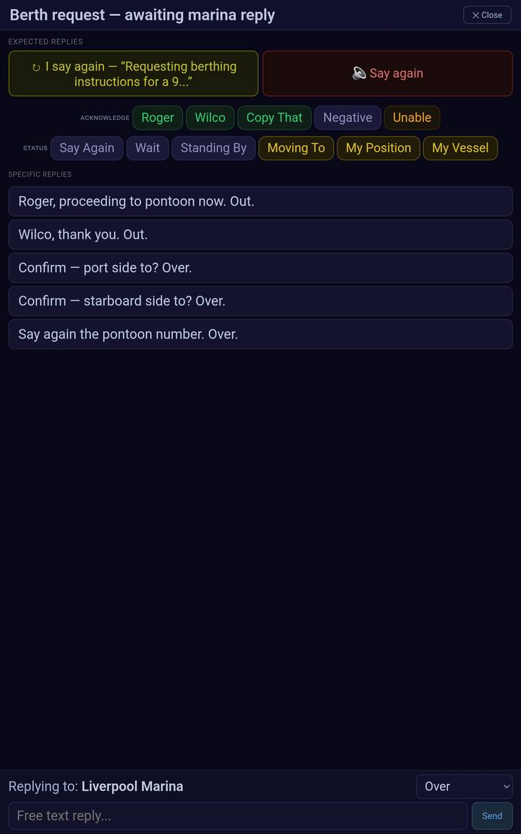 Reply options screen showing acknowledge and status buttons, plus specific replies like confirm port side to, or starboard side to