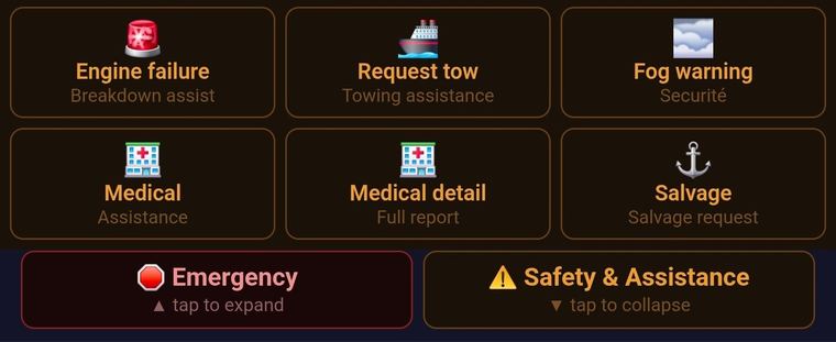 Safety and Assistance button grid showing Engine failure, Request tow, Fog warning, Medical, Medical detail and Salvage