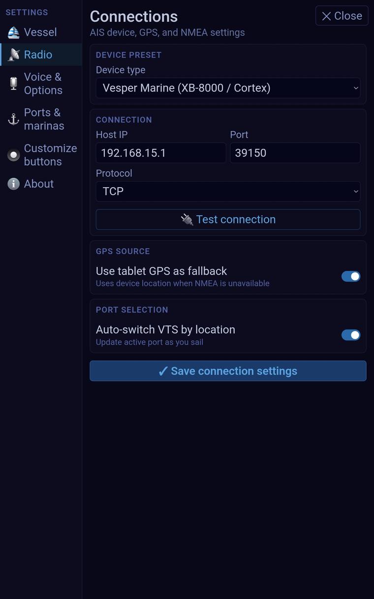 Settings screen for connecting an AIS device over WiFi, showing host, port and protocol fields