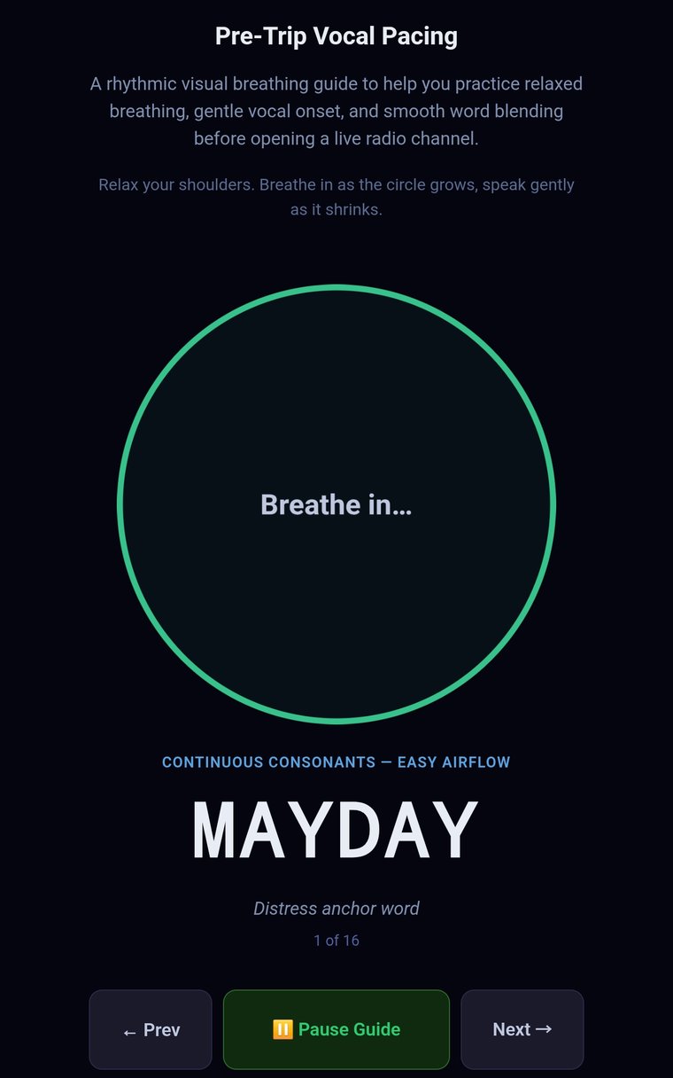 Pre-Trip Vocal Pacing screen mid-exercise, showing a breathing guide circle prompting Breathe in, the anchor word Mayday, step 1 of 16, and Prev, Pause Guide and Next controls