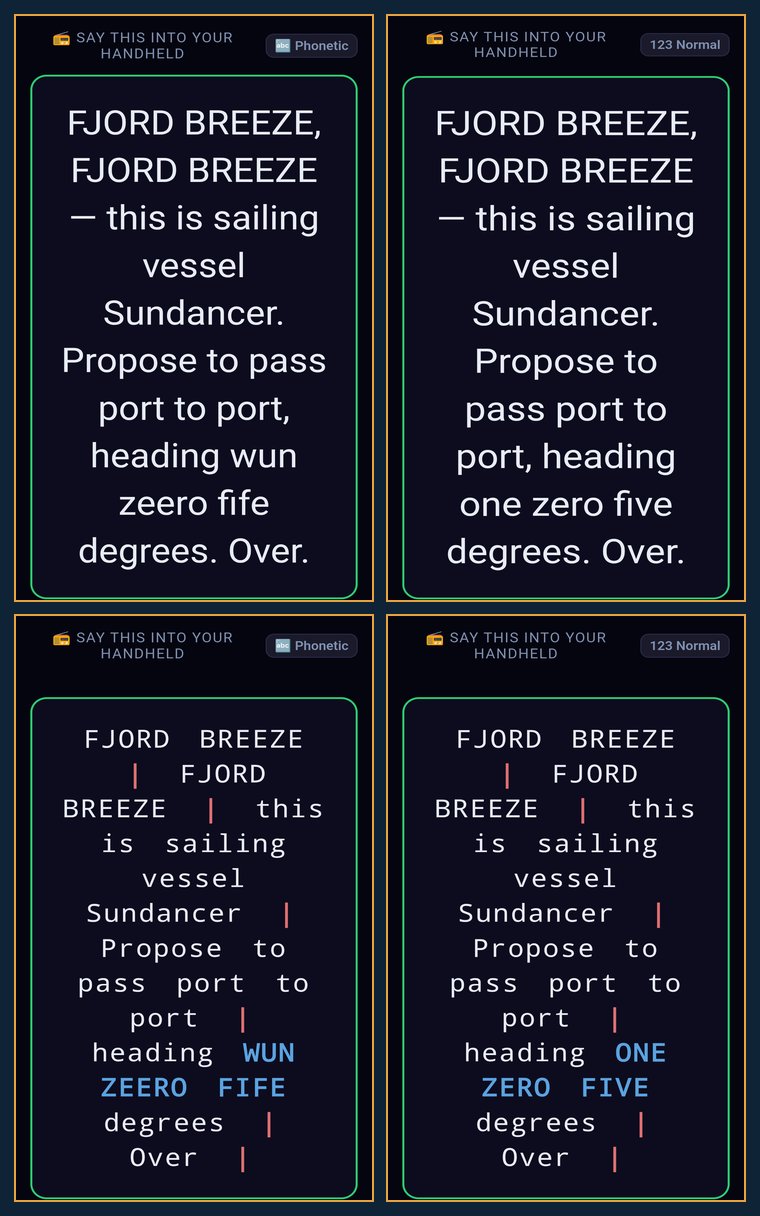 Four versions of the same call script side by side: Phonetic and Standard, each shown Not Paced and Paced, with the Paced versions broken into blocks separated by vertical bars